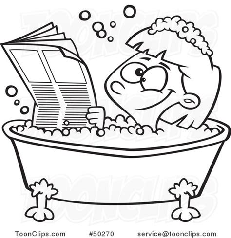 cartoon black and white happy girl reading the newspaper in a bath tub 50270 by ron leishman