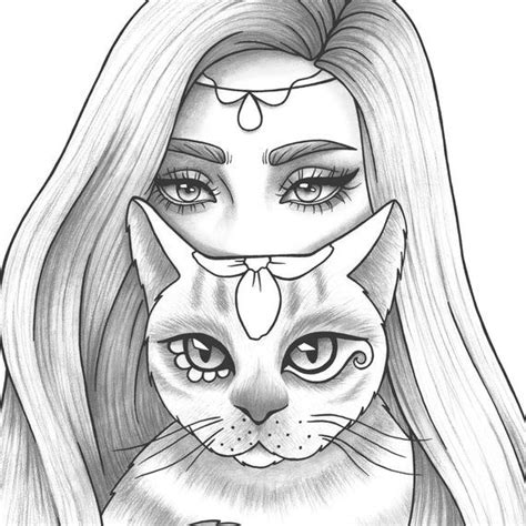 Printable Coloring Page Girl Portrait And Cat Colouring Sheet Etsy