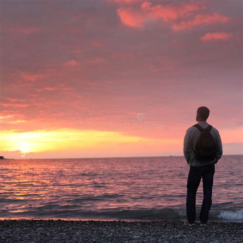 Man Looking At The Sunset On A Beach Stock Photo Image Of Travel