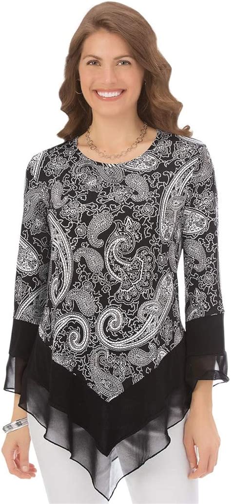 Womens Paisley Printed Tunic Top With Sheer Trim V Shaped Hemline And