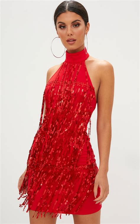 Red Tassel Sequin Bodycon Dress Dresses Prettylittlething Ca