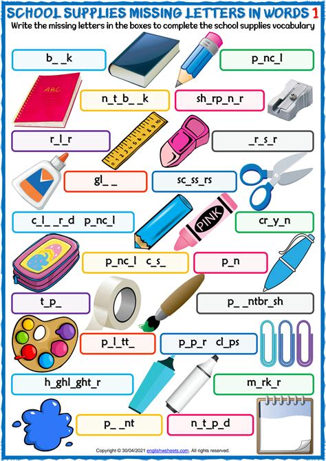 Solution School Supplies Vocabulary Esl Missing Letters In Words
