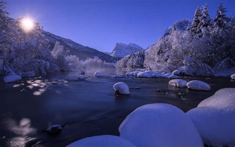 Magnificent River In Winter At Twilight Wallpaper Nature And