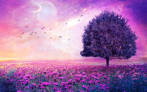 Purple Flower Nature Tree Field Lonely Tree Flower Sky Stars Fantasy Artwork Wallpaper
