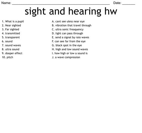 Sight And Hearing Hw Worksheet Wordmint