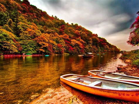 Summer Landscape River Boats Calm Lake Forest With Deciduous Trees Sky