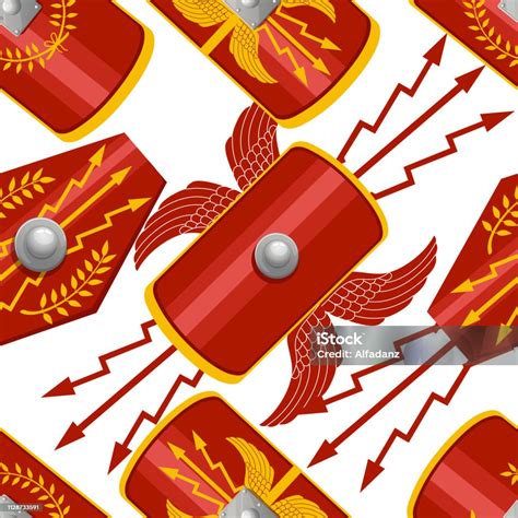 Seamless Pattern Collection Of Shields Shields Of Roman Legionary Red