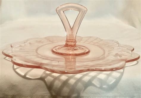 Vintage Blush Pink Depression Glass Serving Plate With Carry Handle