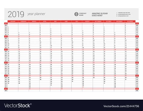 A little planning can help set you apart. Yearly wall calendar planner template for 2019 Vector Image