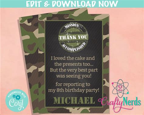 Army Birthday Thank You Card Army Thank You Note Army Party Etsy