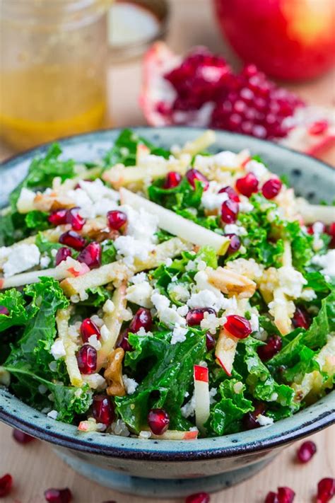 3/4 cup quinoa, rinsed, 1/2 teaspoon salt, divided, 1 tablespoon vegetable oil, 1 small carrot, thinly sliced, 1 medium red bell pepper, cored, seeded and chopped, 2 teaspoons grated ginger, 1 clove garlic, sliced, 1 small red chile, chopped (optional), 2 cups snow peas, trimmed. Apple and Pomegranate Quinoa and Kale Salad with Feta in a ...