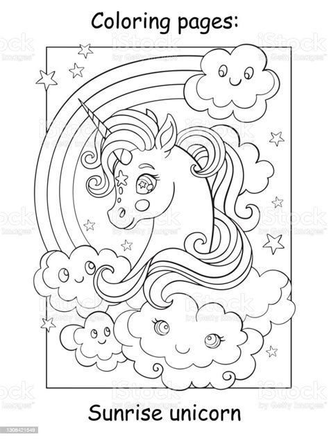 Coloring Book Page Unicorn Head With Rainbow Stock Illustration