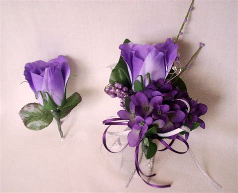 wedding corsage boutonnierre set purple silk flowers prom