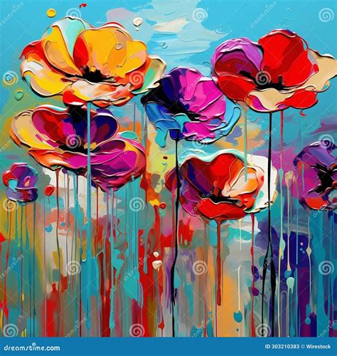 An Oil Painting on Canvas of Flowers with Splash Paint Effect Stock