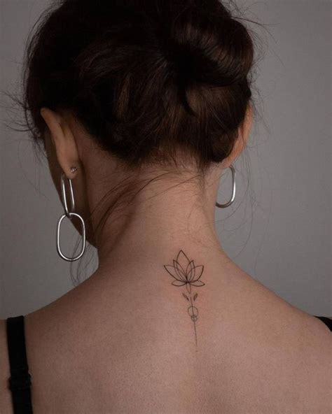 Fine Line Lotus Flower Tattoo On The Upper Back Neck Tattoo Neck
