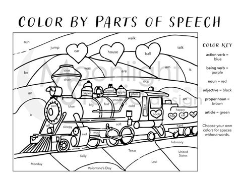 Valentines Day Color By Parts Of Speech Train And Bird Coloring