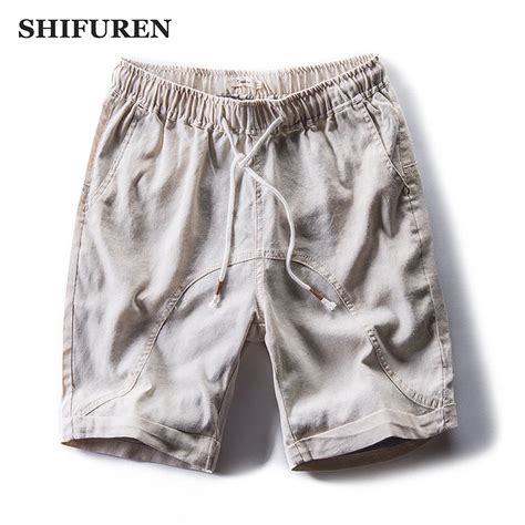 Shifuren Summer Thin Breathable Men Linen Cotton Shorts Elastic Waist Drawstring Male Causal