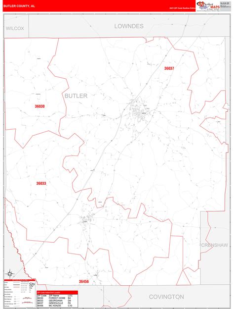 Butler County Al Zip Code Wall Map Red Line Style By