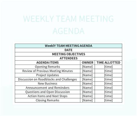 Weekly Team Meeting Agenda Excel Template And Google Sheets File For