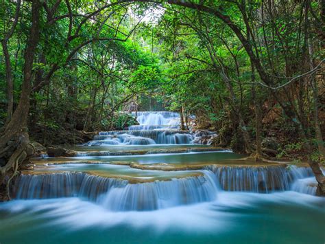 Green Nature River Cascade Waterfall Kanchanaburi Thailand Desktop Hd