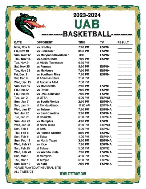 Printable Uab Blazers Basketball Schedule