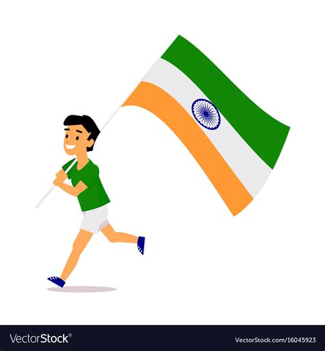 Cartoon Indian Boy Running With Big Flag Vector Image