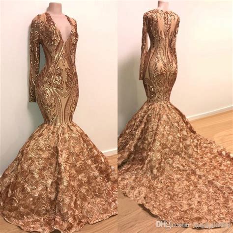 Gold Mermaid Prom Dresses Long Sleeves Deep V Neck Lace Appliques