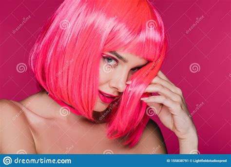 Fashionable Naked Girl Posing In Neon Pink Wig Isolated Stock Image