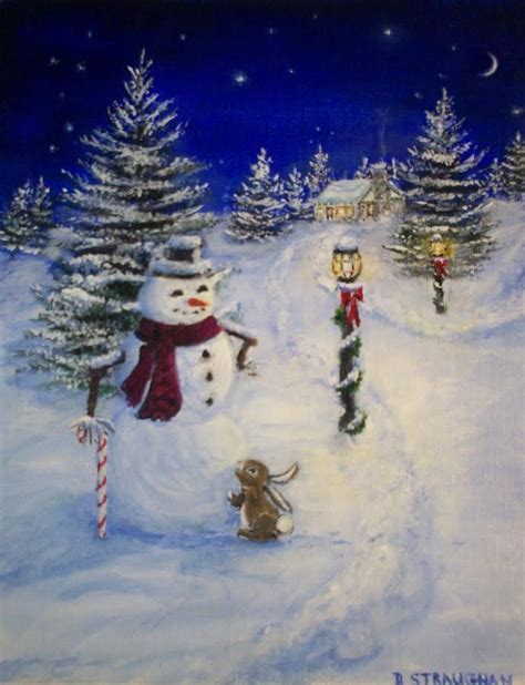 8 X 10 Acrylic Painting Of A Snowman And A Rabbit On A Snowy Winter