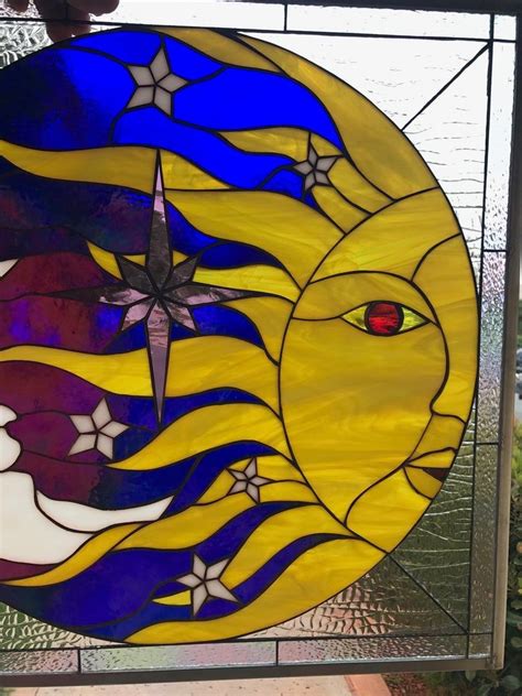 Stars Sun Moon Stained Glass Window Panel Hangings Etsy Stained