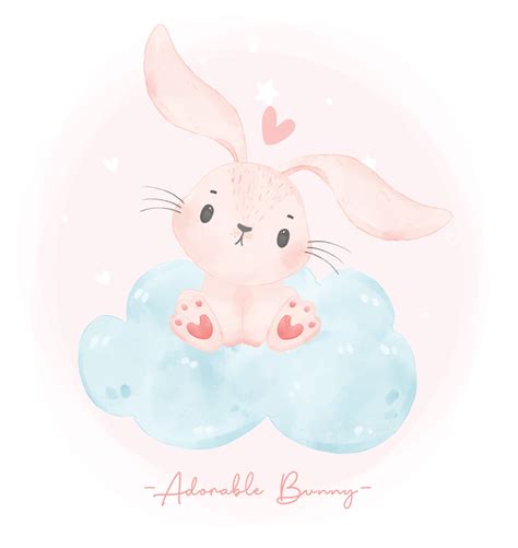 Adorable Innocence Whimsical Pink Baby Bunny Rabbit Sits On Soft Blue