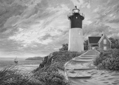 Lighthouse At Sunset Black And White Painting By Lucie