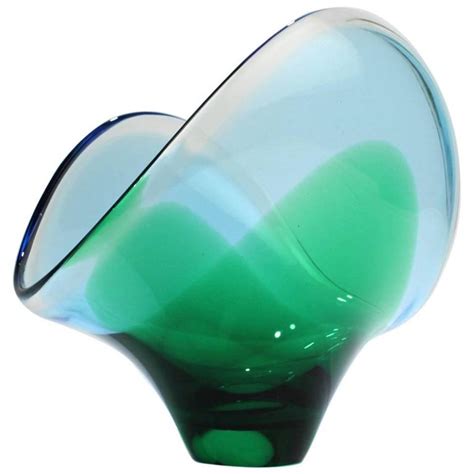 Large Mid Century Modern Murano Italian Sommerso Art Glass Bowl In Blue And Green For Sale At