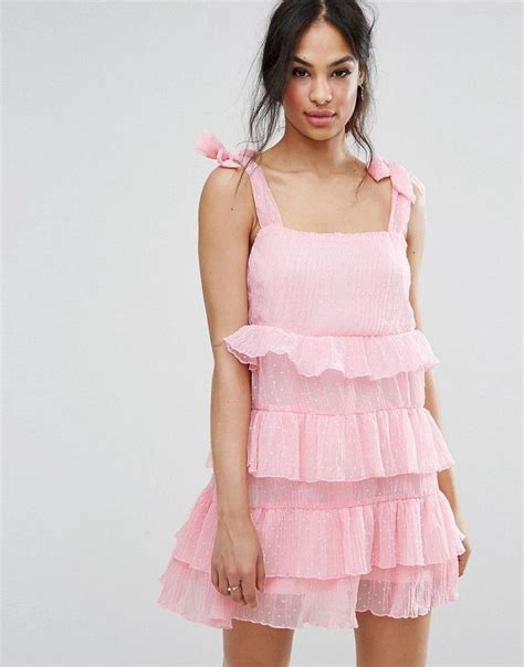 Missguided Tie Shoulder Tiered Ruffle Dress Pink Tiered Ruffle