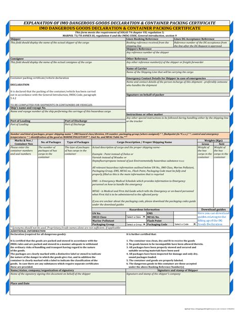 Imo Dangerous Goods Declaration Excel Form Fill Out And