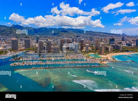 Aerial View Of Waikiki Beach In Honolulu Hawaii From A Helicopter Stock