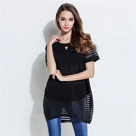 2017 Fashion Women Short Sleeve Mesh Patchwork Hollow Out Middle Long T Shirt O Neck Camiseta
