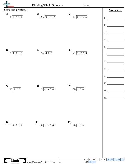 Division Worksheets Dividing Whole Numbers Worksheet Free Math