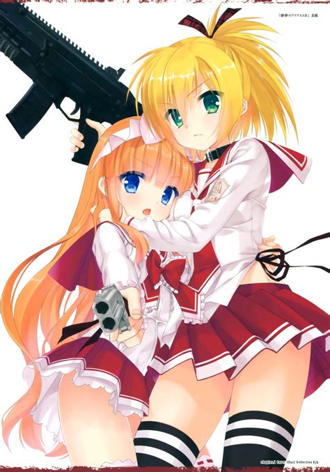 safebooru 2girls absurdres assault rifle bangs black legwear blonde hair blue eyes bow bowtie