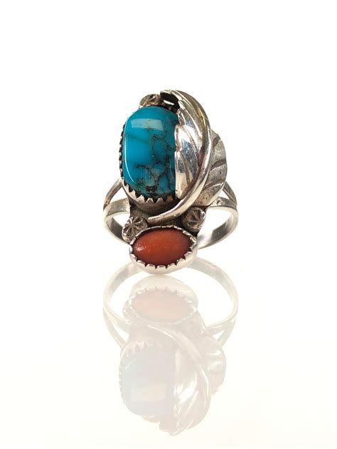 Lot Vtg Native American Silver Turquoise Coral Ring
