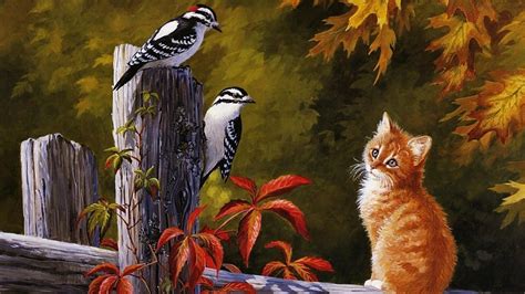 Cute Cat With Birds Painting Backiee