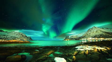 オーロラ、 オーロラ、 大気、 現象、 空、 水、 北極、 風景、 ノルウェー、 ロフォーテン諸島、 ヨーロッパ、 スボルバー、 夜、 夜景