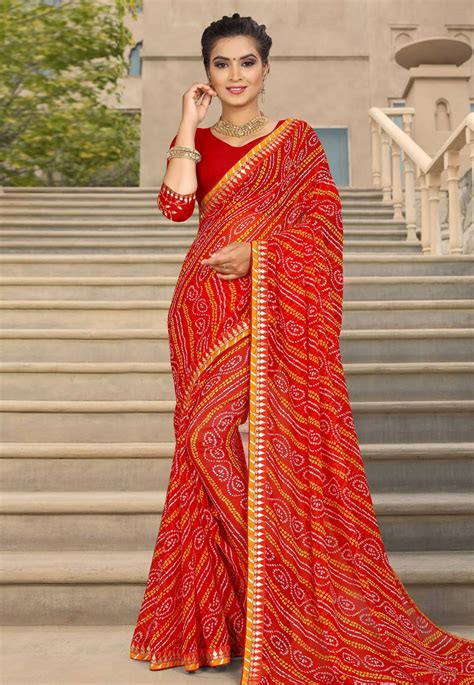 Red Georgette Bandhej Saree With Blouse 175453 Saree Trendy Sarees