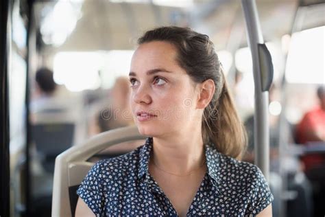 Adult Woman Passenger Sitting In Public Bus Stock Image Image Of Glad European 78541041