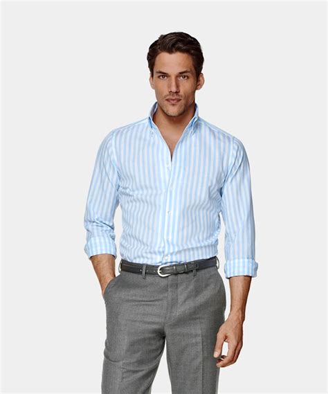 Mid Blue Striped Twill Extra Slim Fit Shirt In Pure Cotton Traveller Suitsupply Us