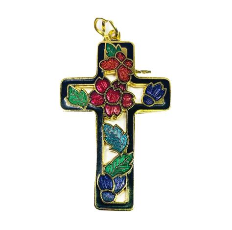 New Vintage Cloisonné Cross Pendant Necklace 14k Gold Plated Etsy