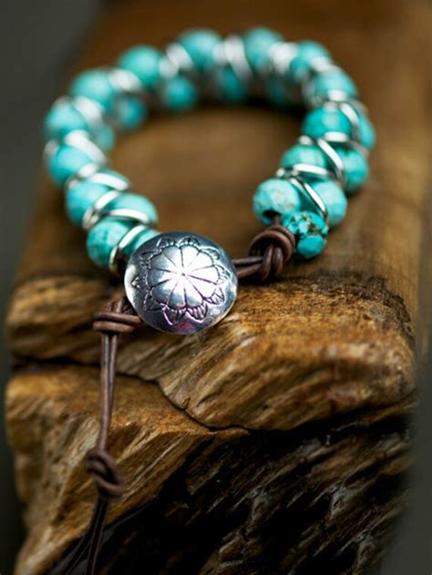 Double Strand Leather Bracelet With Turquoise Stones And