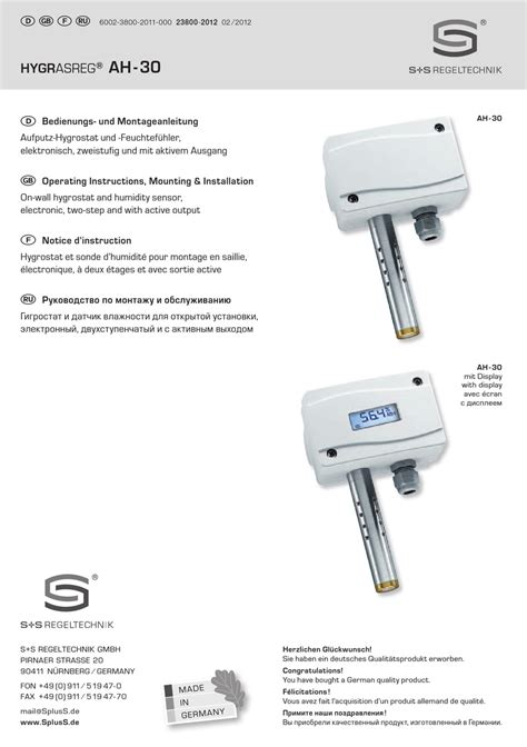 Ss Regeltechnik Hygrasreg Ah 30w Operating Instructions Mounting