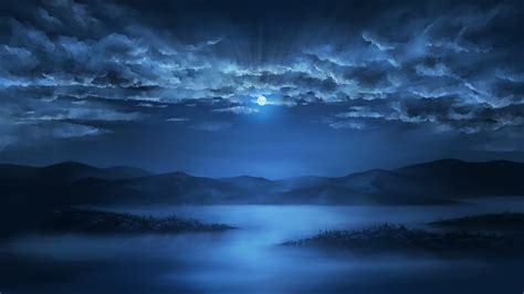 Download 3840x2160 Anime Landscape Night Moon Clouds Sky Lake