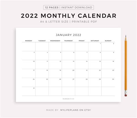 2022 Monthly Calendar Landscape Printable Calendar Template Etsy